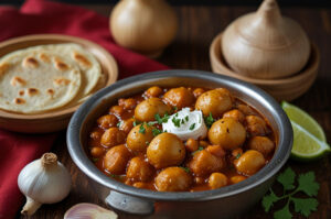 a bowl of food with roti and amritsari pindi chole